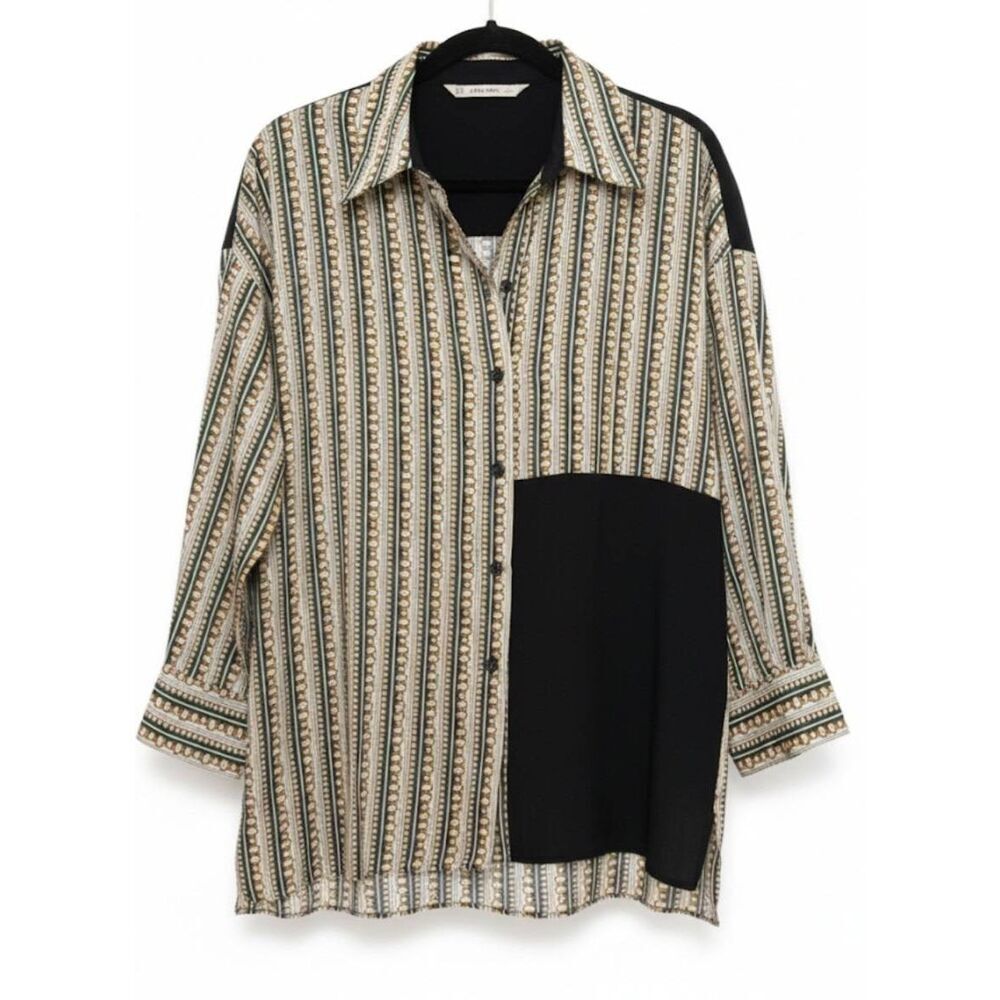 Zara womens small chain equestrian blouse satin scarf print shirt mustard green